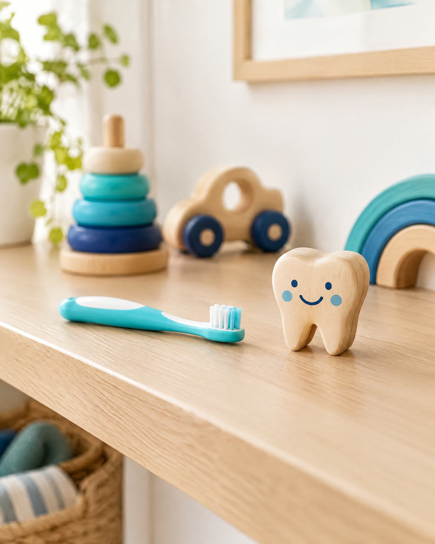 Uno spazzolino per bambini e un dentino di legno su una mensola chiara